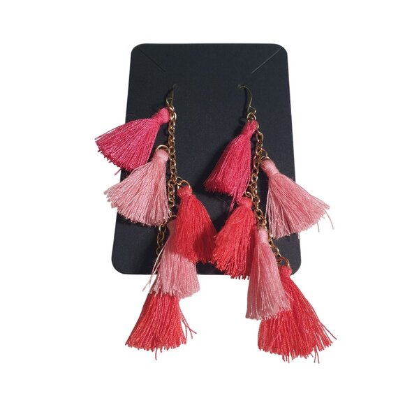 Pink Ombré Tassel Earrings Gold Tone Chain Dangle Hook Women Boho Chic Jewelry - Picture 3 of 5